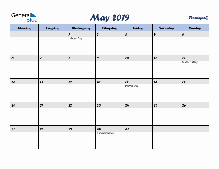 May 2019 Calendar with Holidays in Denmark