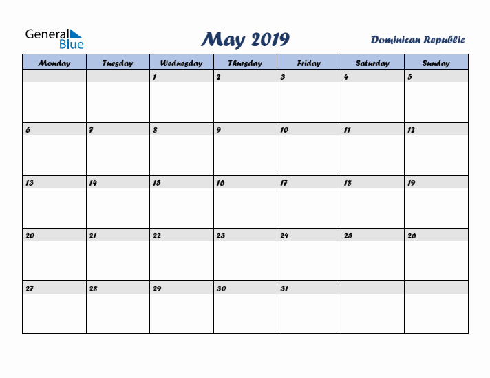 May 2019 Calendar with Holidays in Dominican Republic