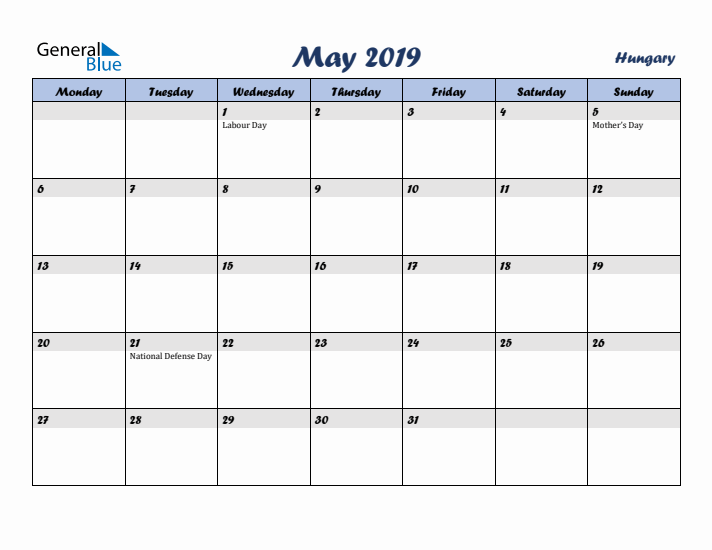 May 2019 Calendar with Holidays in Hungary