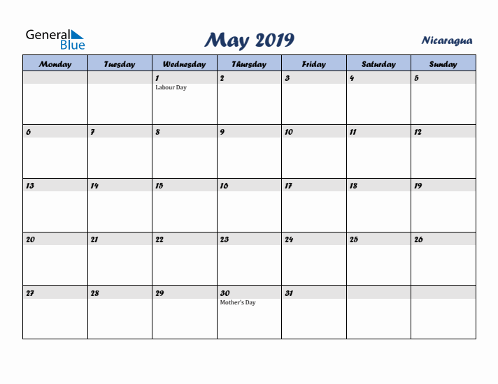 May 2019 Calendar with Holidays in Nicaragua