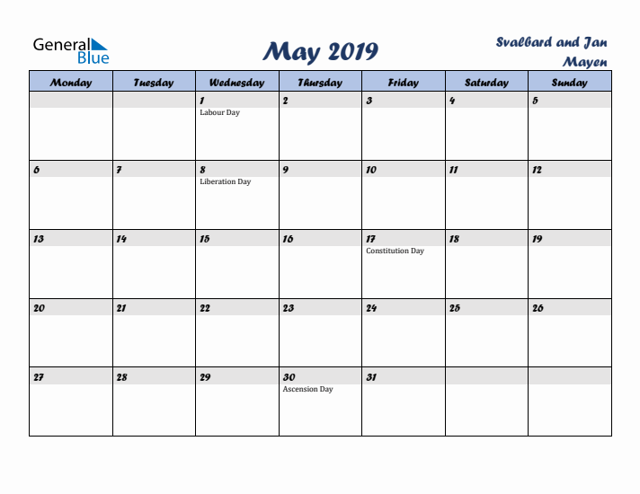 May 2019 Calendar with Holidays in Svalbard and Jan Mayen