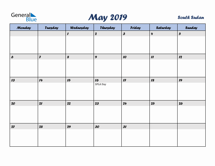 May 2019 Calendar with Holidays in South Sudan