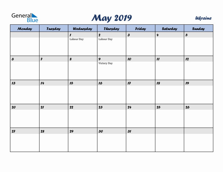 May 2019 Calendar with Holidays in Ukraine