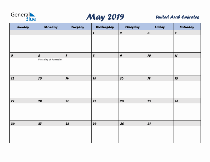 May 2019 Calendar with Holidays in United Arab Emirates