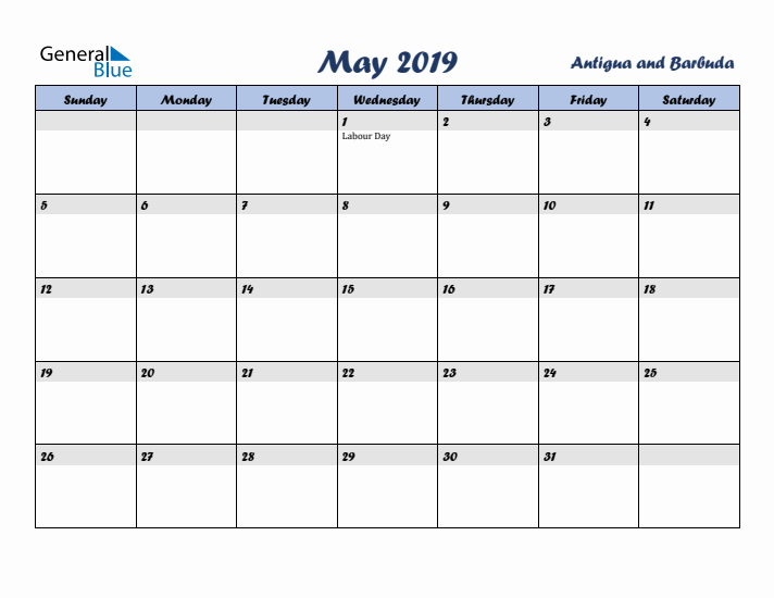 May 2019 Calendar with Holidays in Antigua and Barbuda