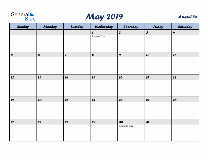 May 2019 Calendar with Holidays in Anguilla