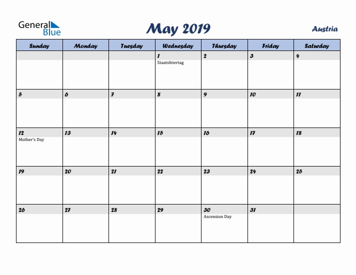 May 2019 Calendar with Holidays in Austria