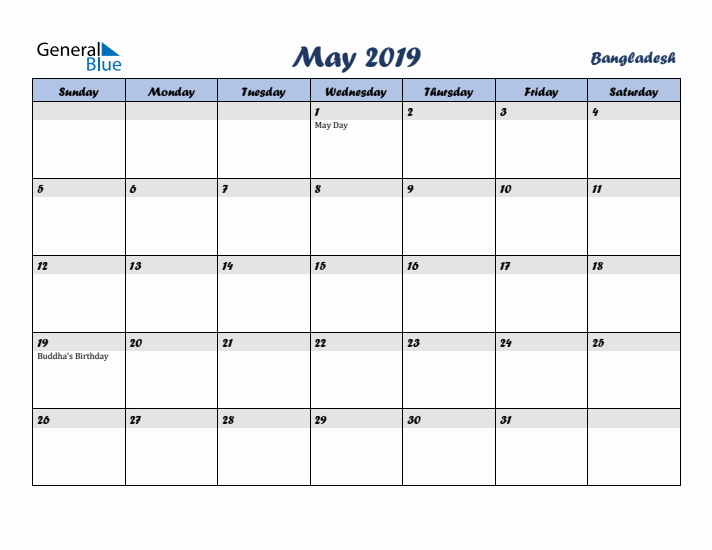 May 2019 Calendar with Holidays in Bangladesh