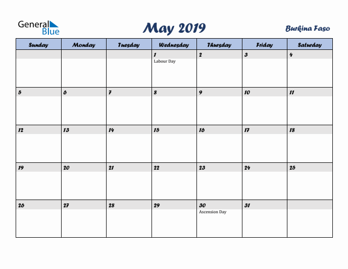 May 2019 Calendar with Holidays in Burkina Faso