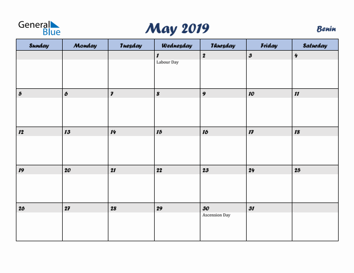 May 2019 Calendar with Holidays in Benin