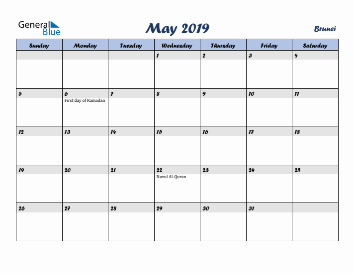 May 2019 Calendar with Holidays in Brunei