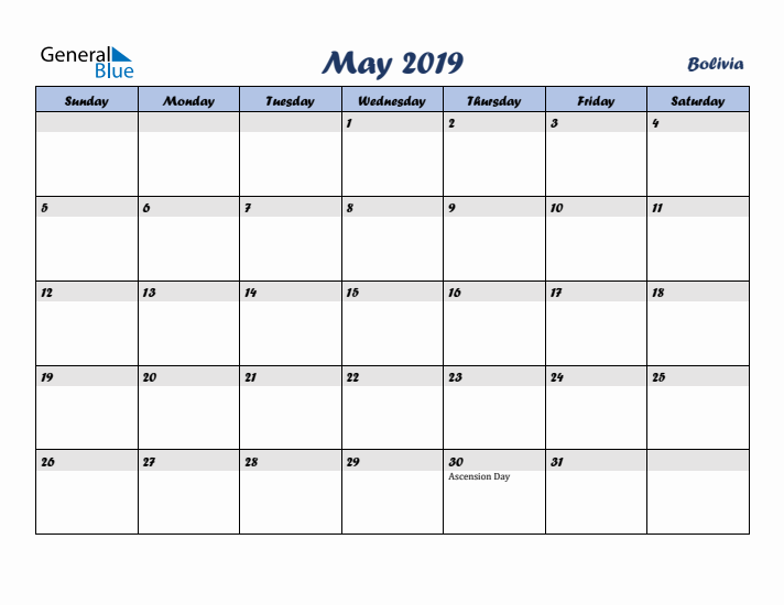 May 2019 Calendar with Holidays in Bolivia