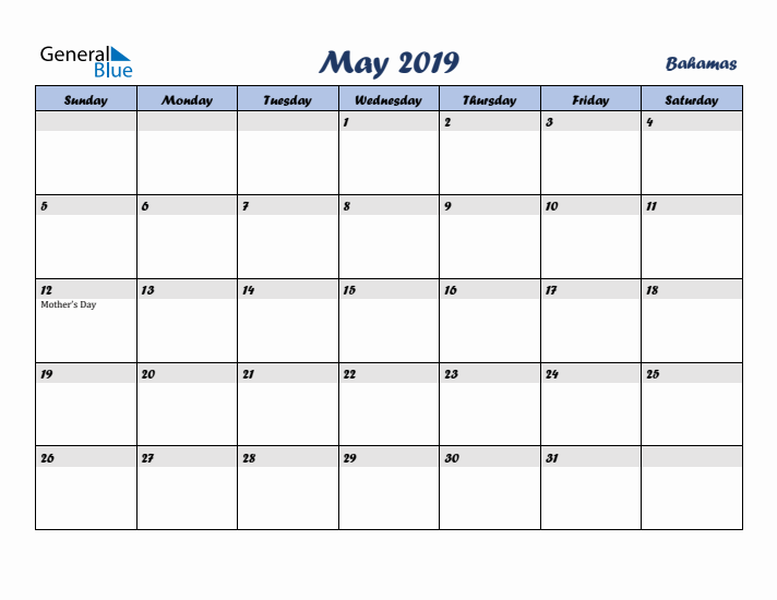 May 2019 Calendar with Holidays in Bahamas