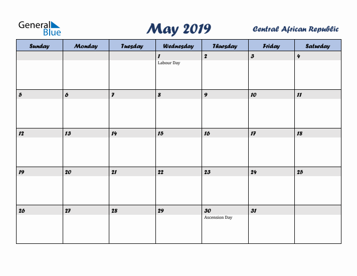 May 2019 Calendar with Holidays in Central African Republic