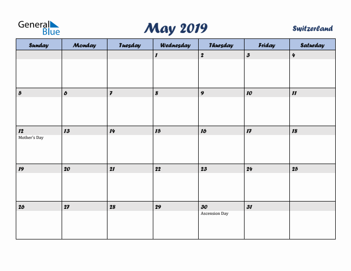 May 2019 Calendar with Holidays in Switzerland