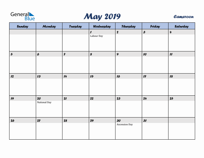 May 2019 Calendar with Holidays in Cameroon