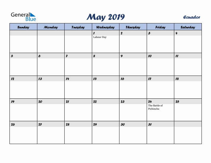 May 2019 Calendar with Holidays in Ecuador