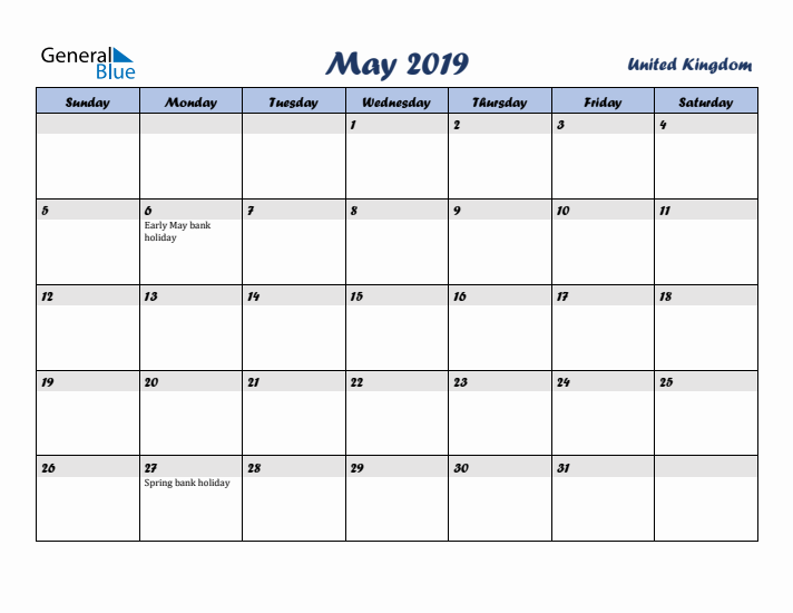 May 2019 Calendar with Holidays in United Kingdom