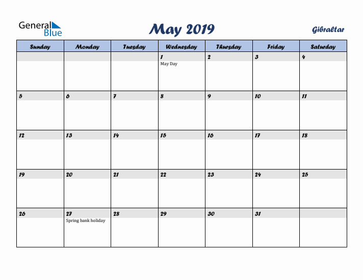 May 2019 Calendar with Holidays in Gibraltar