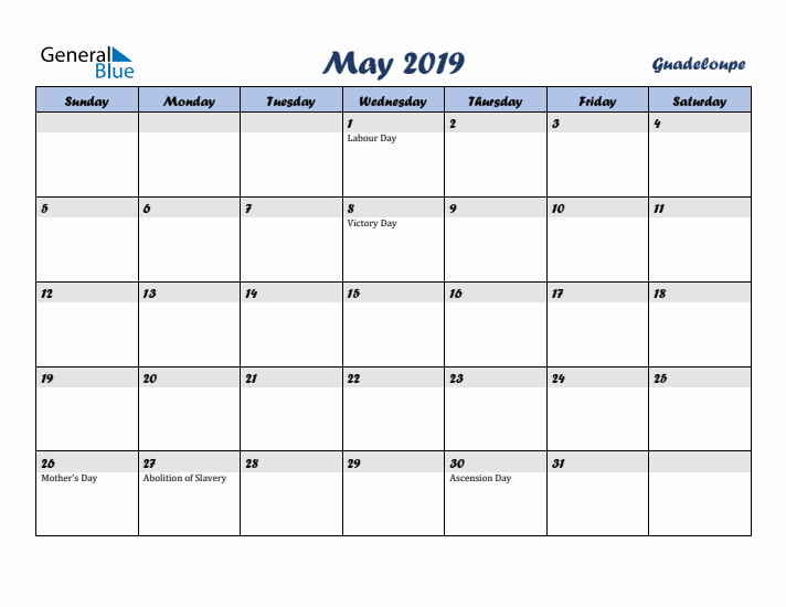 May 2019 Calendar with Holidays in Guadeloupe