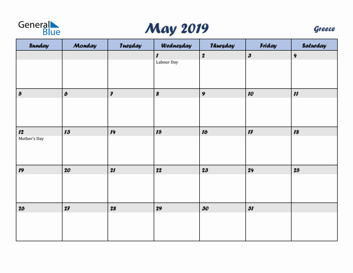 May 2019 Calendar with Holidays in Greece