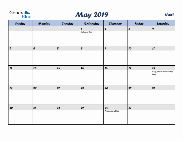 May 2019 Calendar with Holidays in Haiti