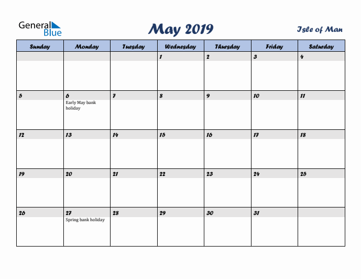 May 2019 Calendar with Holidays in Isle of Man