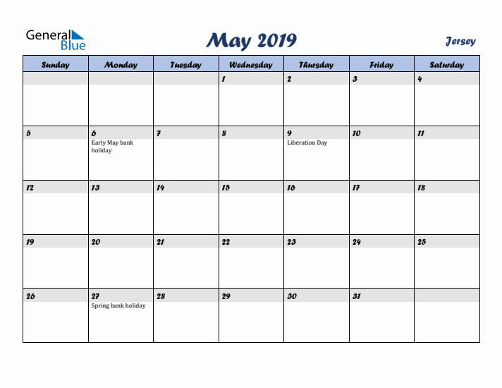 May 2019 Calendar with Holidays in Jersey