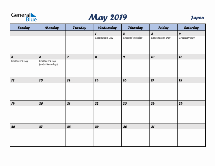 May 2019 Calendar with Holidays in Japan