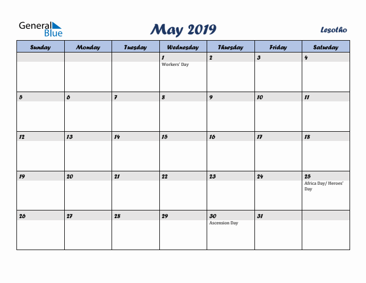 May 2019 Calendar with Holidays in Lesotho