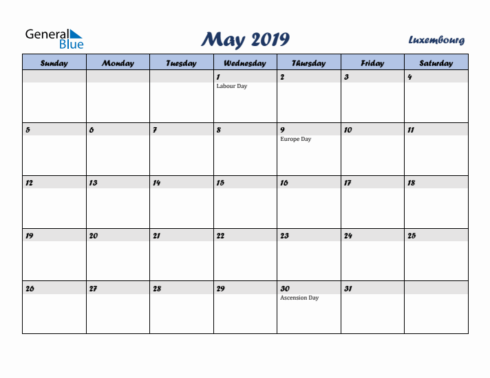 May 2019 Calendar with Holidays in Luxembourg