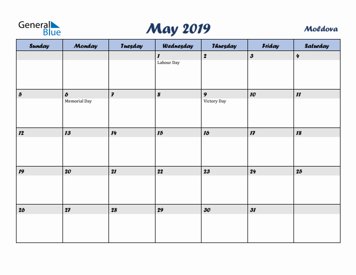 May 2019 Calendar with Holidays in Moldova