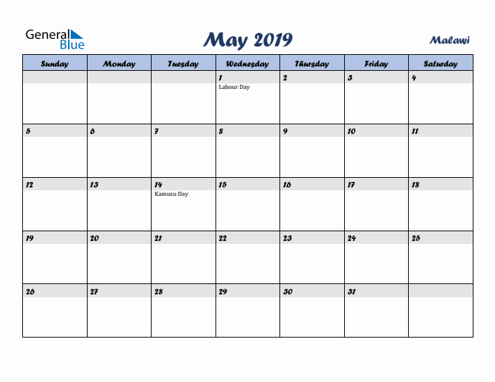 May 2019 Calendar with Holidays in Malawi