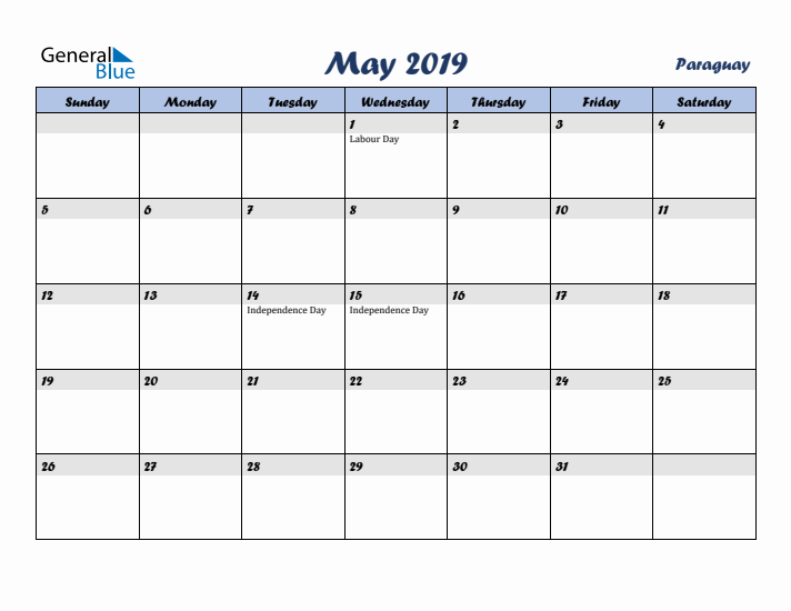 May 2019 Calendar with Holidays in Paraguay