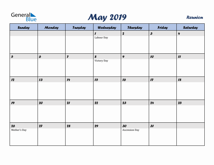 May 2019 Calendar with Holidays in Reunion