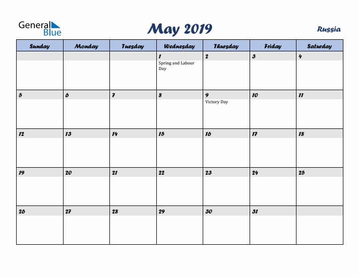 May 2019 Calendar with Holidays in Russia