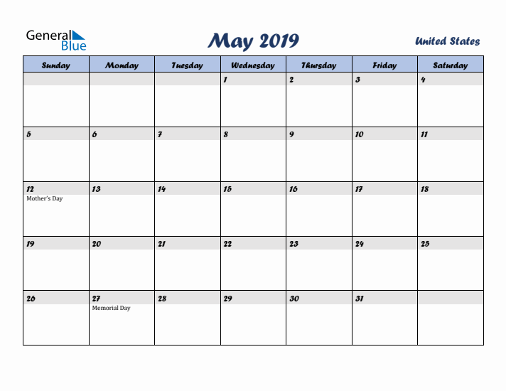 May 2019 Calendar with Holidays in United States