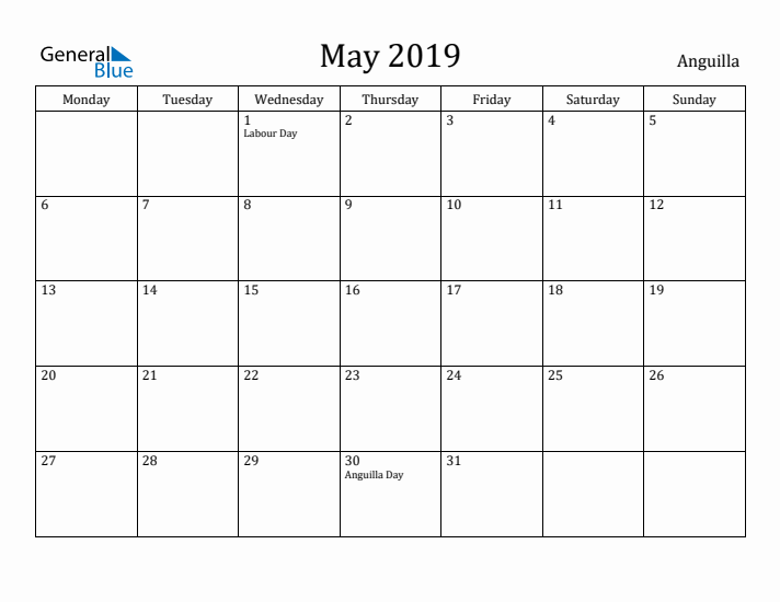 May 2019 Calendar Anguilla