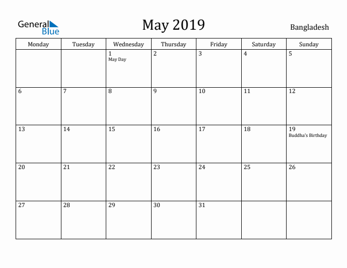 May 2019 Calendar Bangladesh