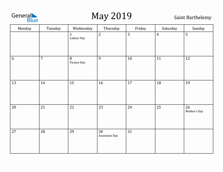 May 2019 Calendar Saint Barthelemy