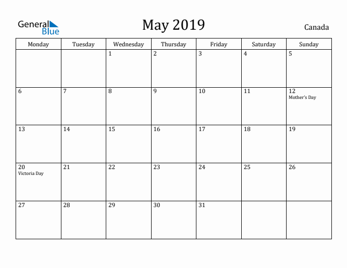 May 2019 Calendar Canada