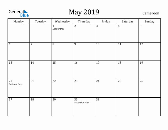 May 2019 Calendar Cameroon