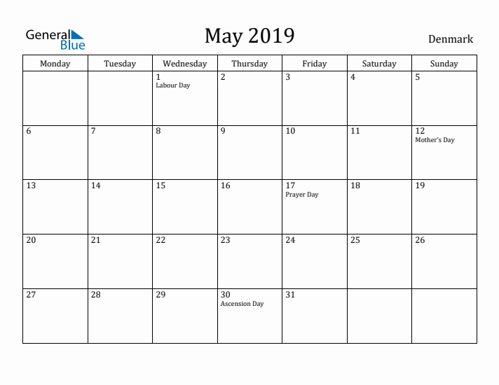 May 2019 Calendar Denmark