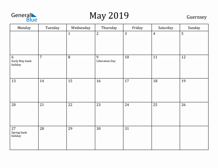 May 2019 Calendar Guernsey