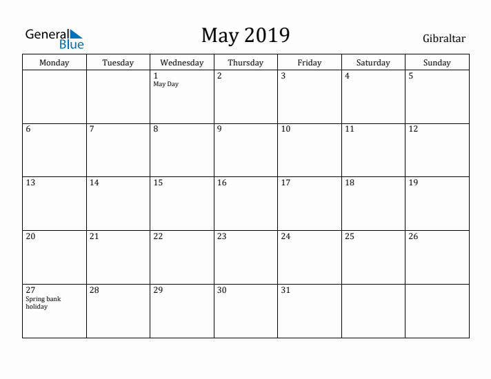 May 2019 Calendar Gibraltar