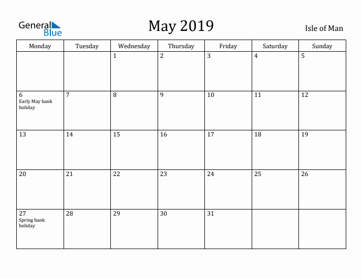 May 2019 Calendar Isle of Man