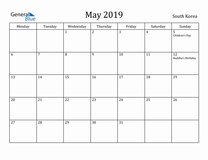 May 2019 Calendar South Korea