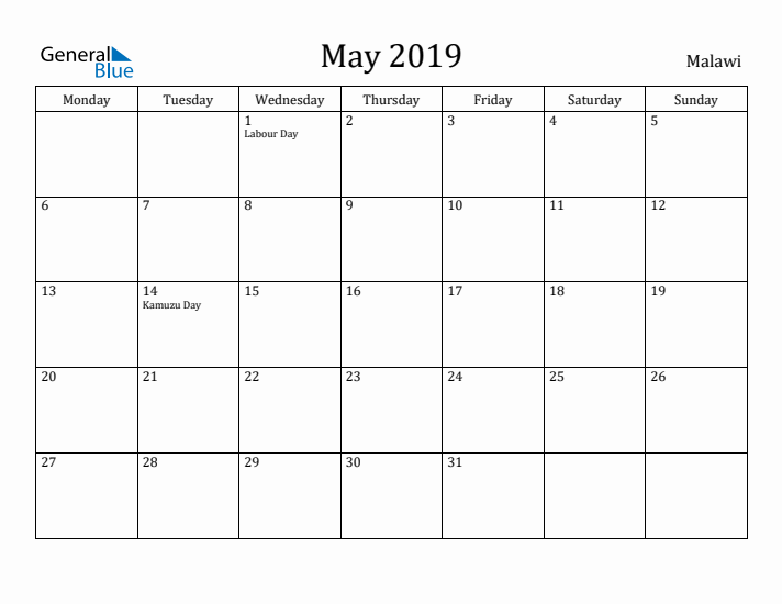 May 2019 Calendar Malawi