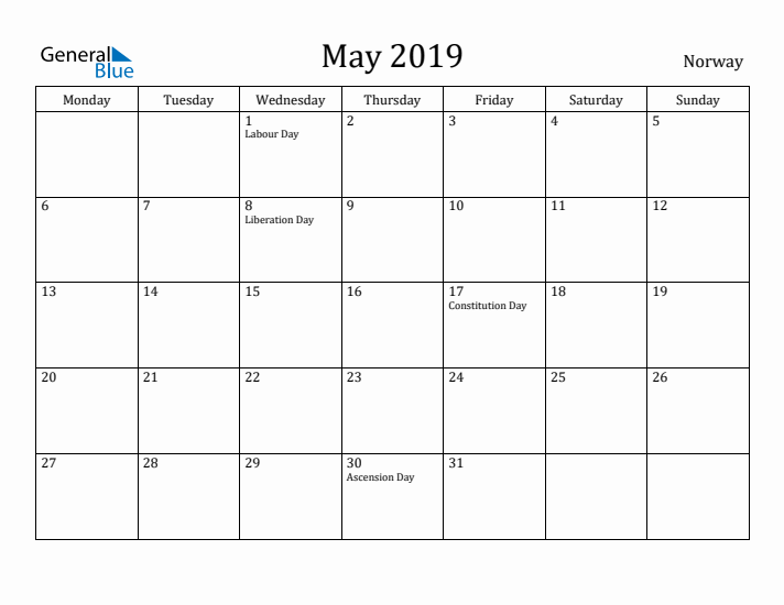 May 2019 Calendar Norway