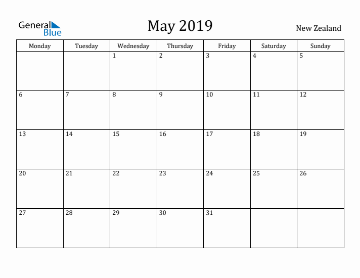 May 2019 Calendar New Zealand